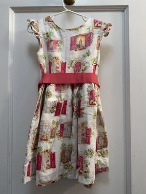 Mayoral White Dress with Pink Window-Print and Pink Waistband